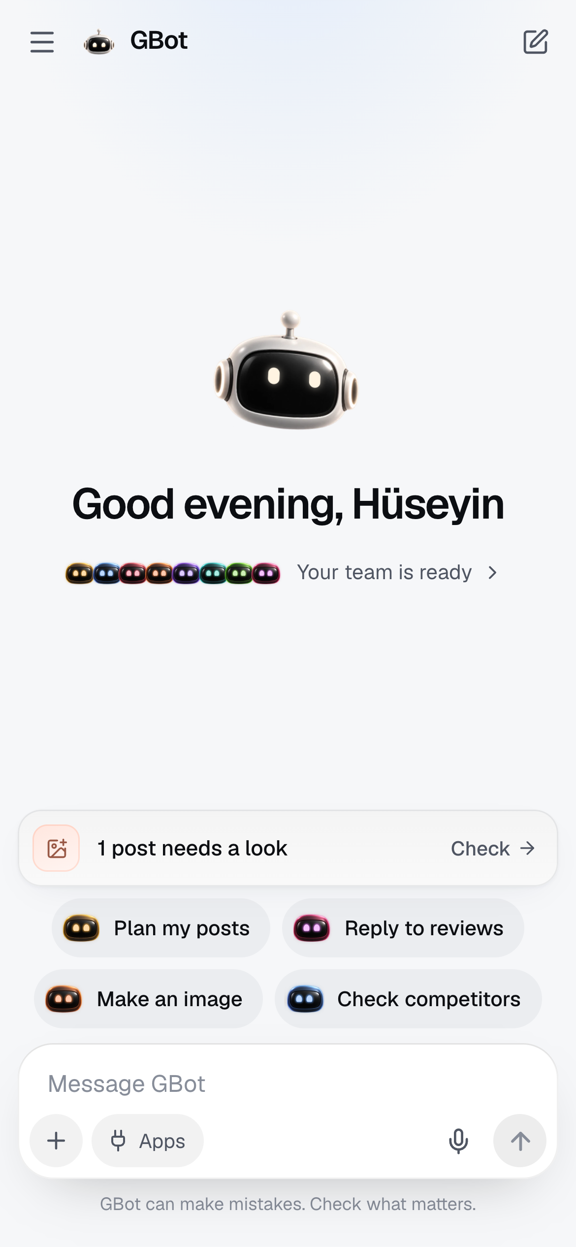 GBot app home screen